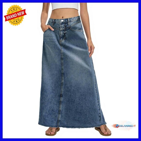 Vintage Denim Maxi Skirt High Waist A-Line Frayed Hem with Pockets